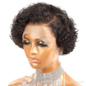 Short Pixie Cut Curly Human Hair Wigs For Women Deep Wave Frontal Wig Side Part Bob  13x1 T Part Transparent Lace Wigs